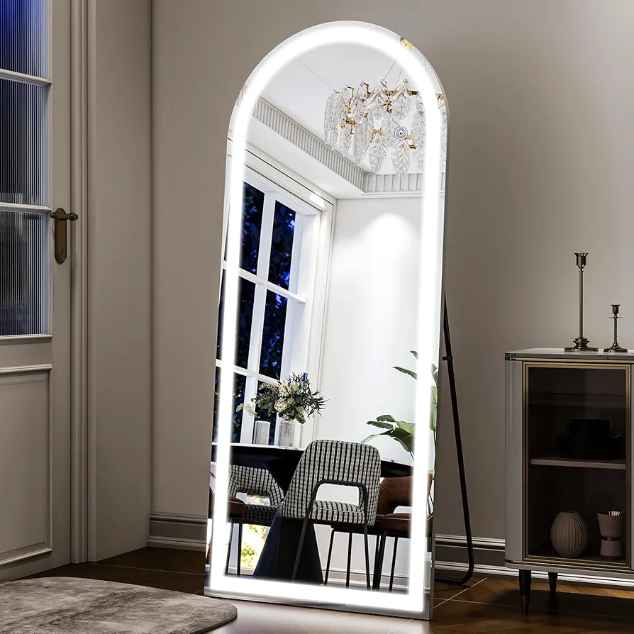 Arched Full Length Mirror with LED Lights, 68"x26"LED Lighted Floor Standing Mirror, Lighted Full Body Mirror, Wall Mounted Mirror, Dimming & 3 Color Lighting for Bedroom, Living Room