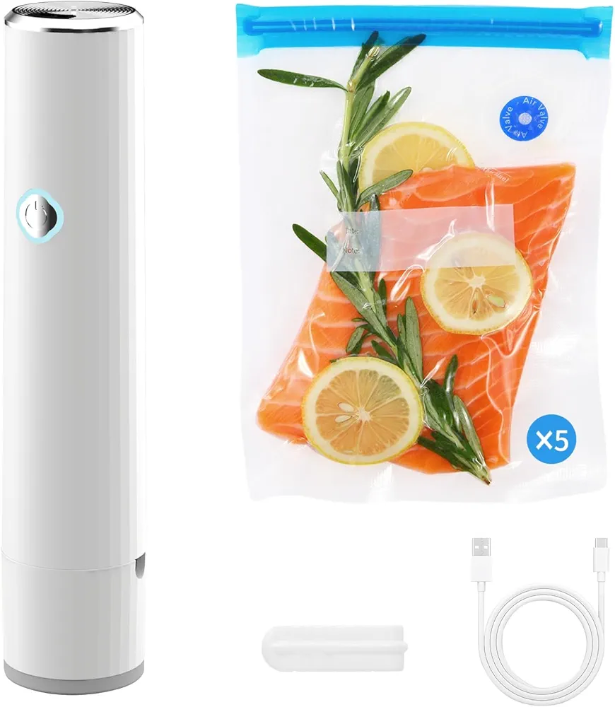 Compact Vacuum Sealer For Food + 5 Reusable Vacuum Bags, Rechargeable, 60KPA Suction Power, 1200mAH, Widely Compatible with Vacuum Bags/Containers/Wine Stoppers/Jar Sealers