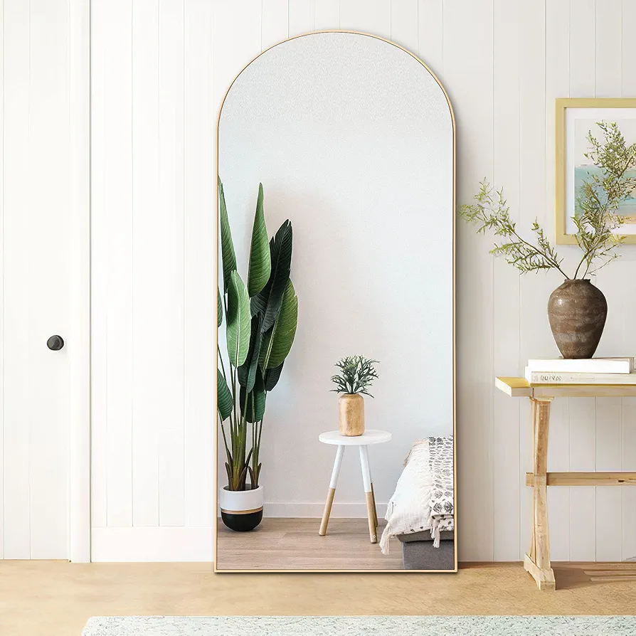 Arched Full Length Mirror, Wooden Thin Fram,59"x20" Full Body Mirror, Hanging or Leaning Against Wall, Floor Mirror, Dressing Mirror, Gold, Gold(Wooden Arched) (SUUS-SM-M15050-G-S263)