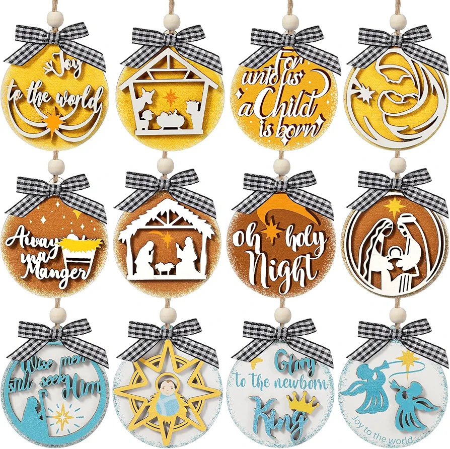 Suzile 12 Pcs Christian Ornaments for Christmas Tree Wooden Religious Ornaments with Hanging Rope Buffalo Plaid Bow Bulk Nativity Ornaments for Winter Holiday Church Xmas Decorations(Cute Colors)