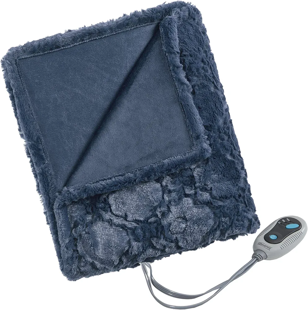 Beautyrest Brushed Long Fur Electric Throw Blanket Ogee Pattern Warm and Soft Heated Wrap with Auto Shutoff, 50 in x 60 in, Sapphire Blue