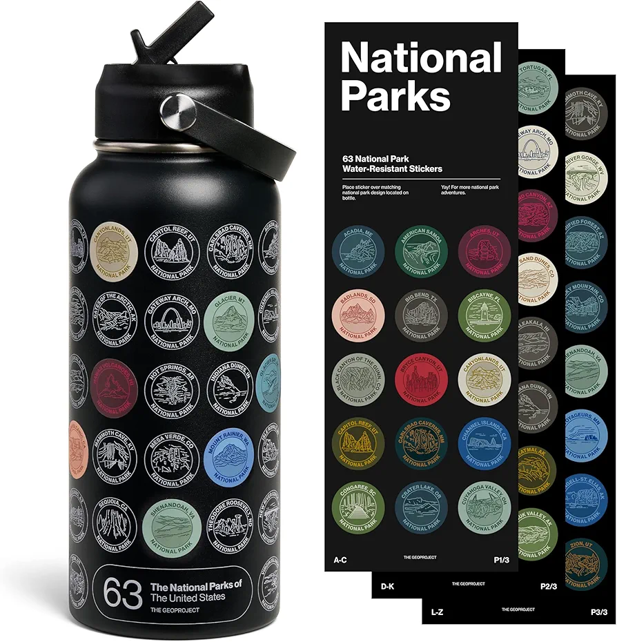 National Parks Water Bottle with Stickers Kit, Adventure Flask with Straw, Waterproof Stickers for Water Bottle, Insulated Stainless Steel 32oz (Black)