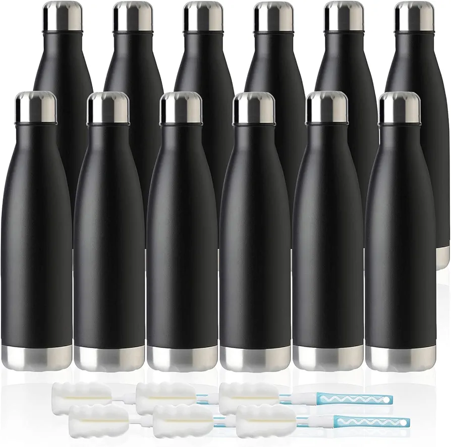 MEWAY 17oz Sport Water Bottle 12 Pack Vacuum Insulated Stainless Steel Sport Water Bottle Leak-Proof Double Wall Cola Shape Water Bottle,Keep Drinks Hot & Cold (Black,12 Pack)