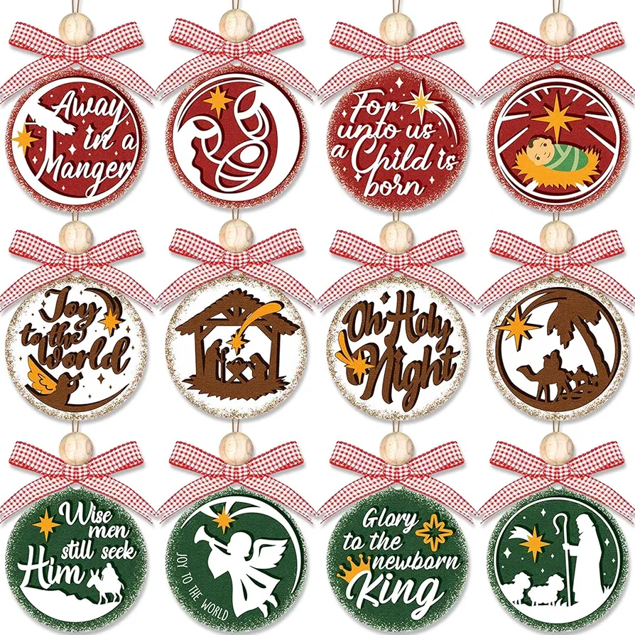 Suzile 12 Pcs Nativity Scene Christmas Ornaments Religious Wooden Ornaments Xmas Tree Hanging Decorations The Birth of Jesus Decor for Indoor Outdoor Christmas Holiday Winter Party Gift Supplies
