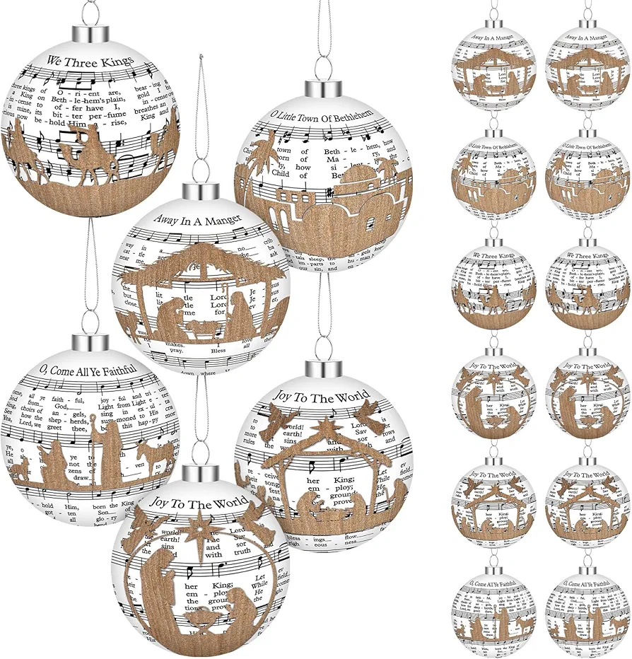 Syhood 12 Pcs 2.4 Inch Nativity Scene Christmas Balls Ornaments Music Sheet Nativity Ornament Plastic Religious Xmas Tree Ornaments Story Hanging Ornaments Christian Gifts for Women Church Home Decor