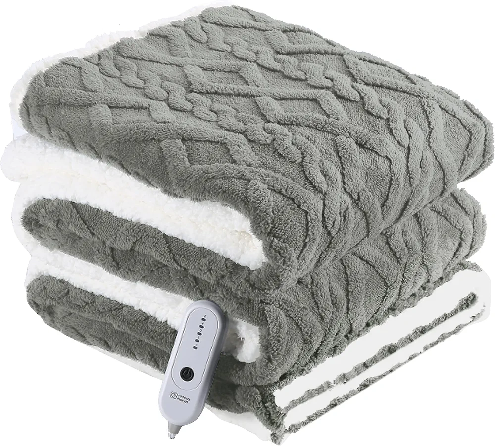 Electric Heated Blanket Twin Size 62" x 84" - Fluffy Ultra Soft Electric Blanket with 3D Stylish Design, 240g Plus 200g Sherpa, 5 Fast Heating Levels & 10 Hours Auto Off, Machine Washable, Gray