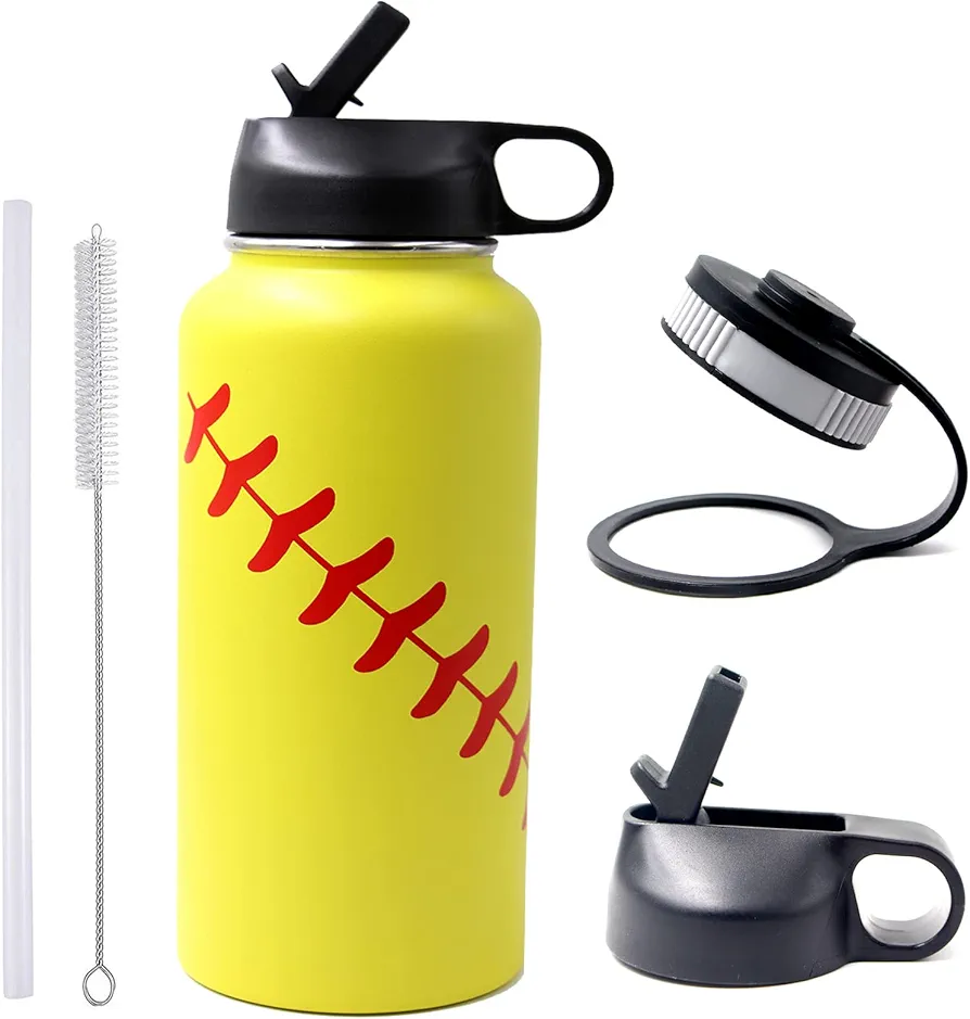 32 oz Baseball Softball Water Bottle, Flask Sports with 2 Lids Double Wall Vacuum Insulated Stainless Steel Wide Mouth Hot & Cold Thermo Mug (32oz, Yellow Softball)