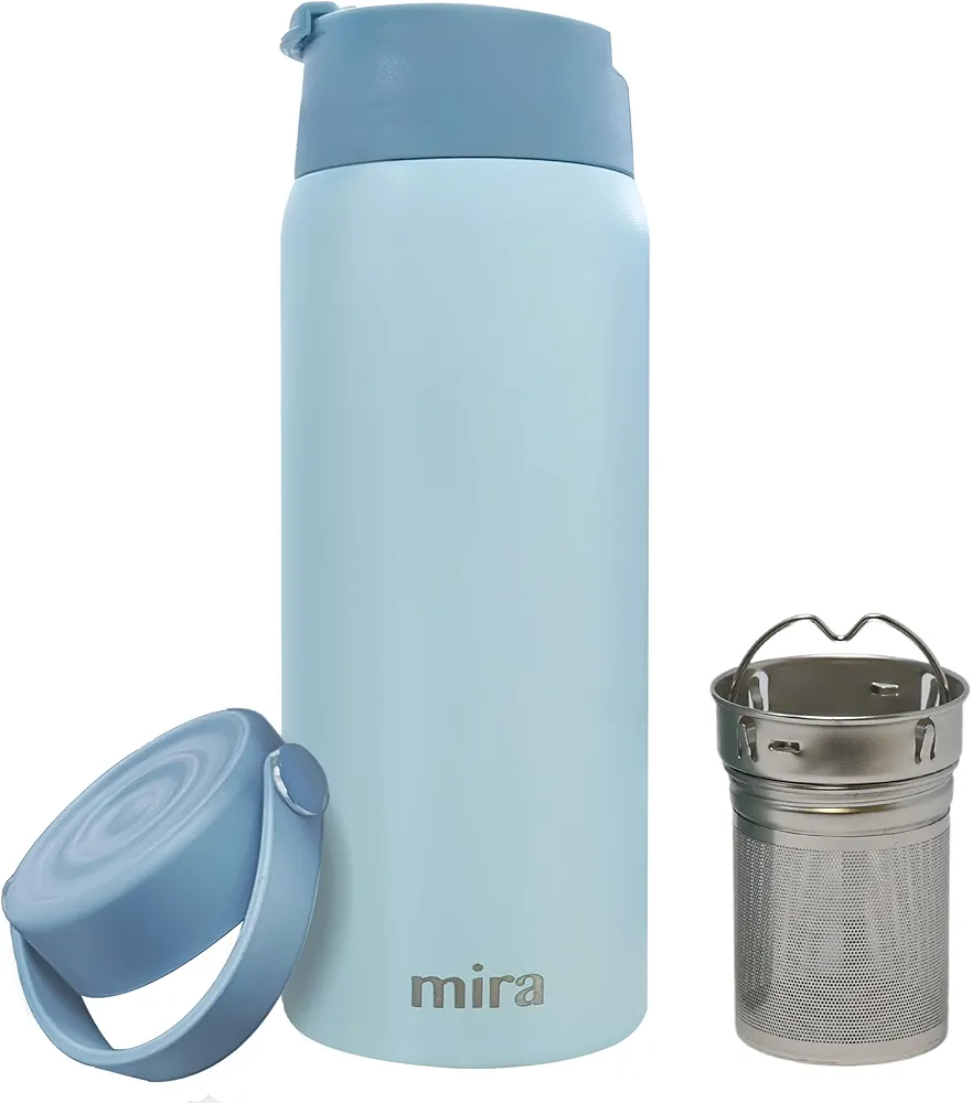 MIRA Stainless Steel Insulated Tea Infuser Bottle for Loose Tea - Thermo Travel Mug with Removable Tea Infuser Strainer-18 oz, Pearl Blue