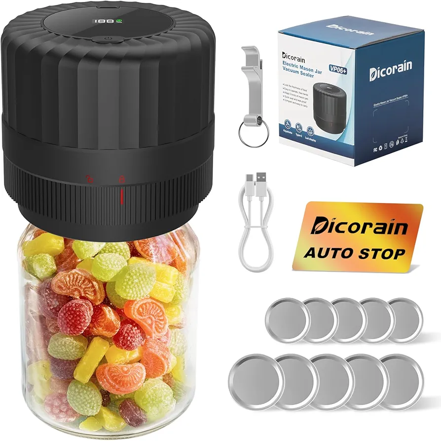 Electric-Mason-Jar-Vacuum-Sealer, Automatic Wide Mouth and Regular Mouth Mason Jar Vacuum Sealer Kit, VP06+ Vacuum Sealer for Jars with Opener & 5 Pairs of Lids