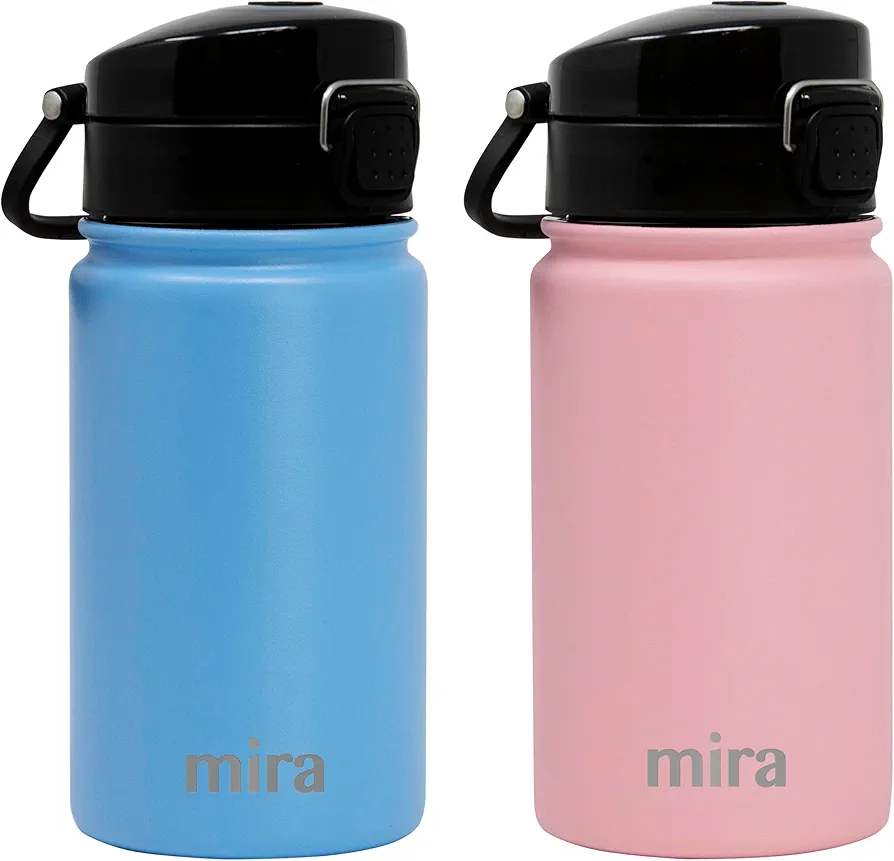 MIRA Two Pack 12 oz Kids Water Bottle with Spout Lid - Vacuum Insulated Stainless Steel Thermo Flask Keeps Cold for 24 Hours, Hot for 12 Hours - Sky & Pink