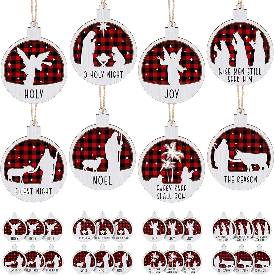 Bucherry Christian Christmas Ornaments Nativity Scene 3D Religious Ornament Hanging Wood Christmas Tree Ornaments Wooden Vintage Birth of Jesus Theme Round Decorations(Red,Black,24 Pcs)
