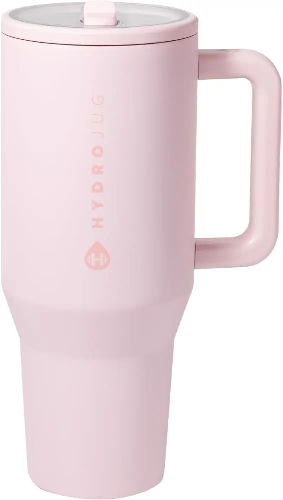 HydroJug Traveler - 40 oz Water Bottle with Handle & Flip Straw - Fits in Cup Holder, Leak Resistant Tumbler-Reusable Insulated Stainless Steel & Rubber Base - Gifts for Women & Men, Pink Sand