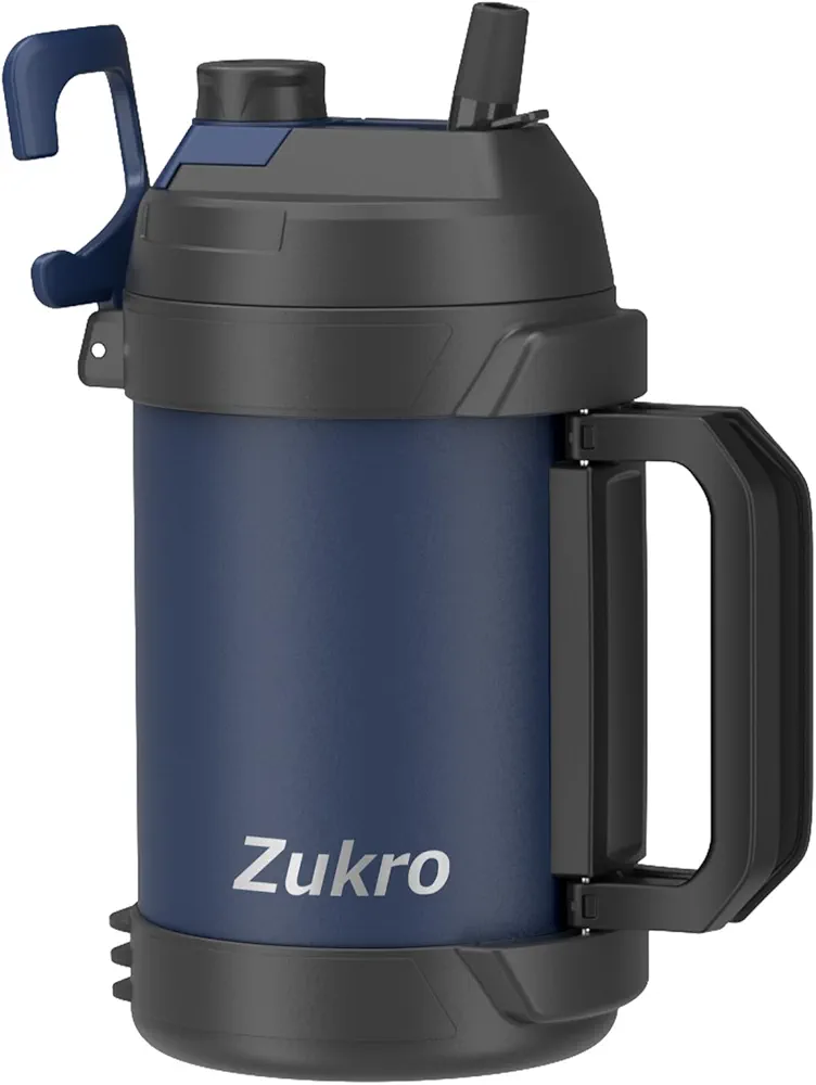 Zukro 1 Gallon Water Jug, One Gallon Large Triple Wall Insulated Metal Jug With Straw and Spout, No Sweat 128 oz Stainless Steel Sport Water Bottle Keeps Cold 48 Hours for Outdoors, Navy Blue