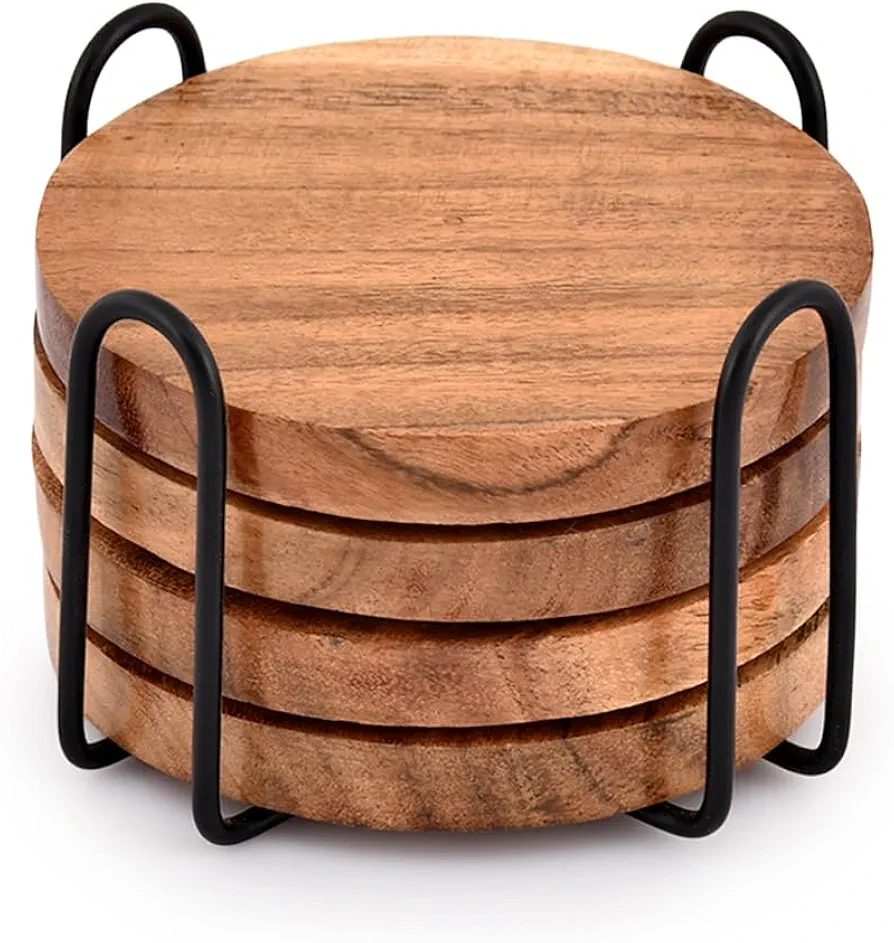 EDHAS Acacia Wood Coasters for Drinks with Iron Holder Stand for Coffee Table, Tabletop Protection Decor, Set of 4
