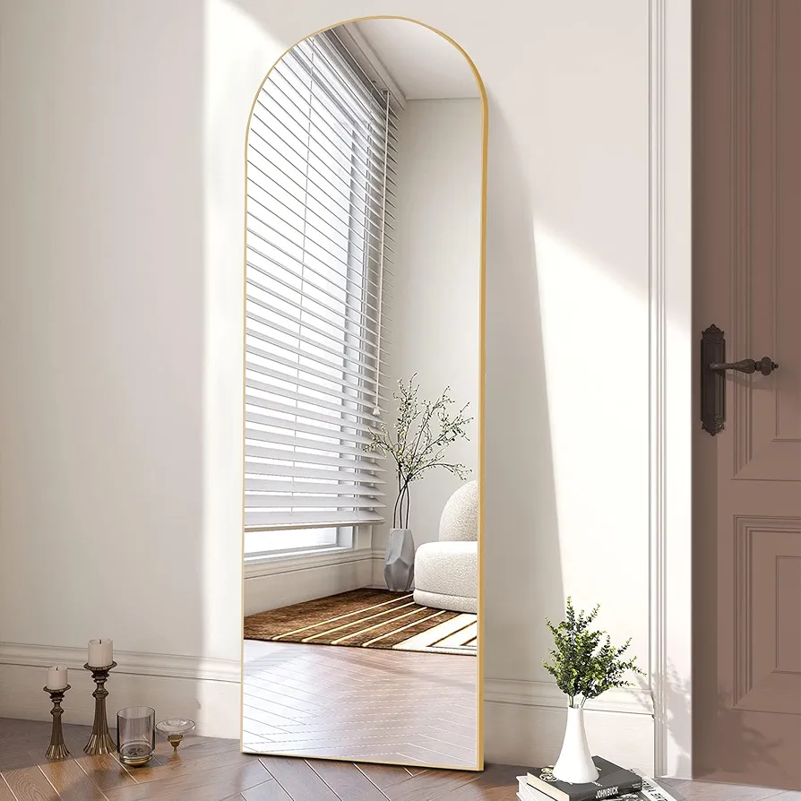 OLIXIS Arched Full Length Mirror 64"x21" for Bedroom, Full Body Mirror with Stand, Hanging or Leaning for Wall, Aluminum Alloy Thin Frame Floor Standing for Living Room, Tall, Gold