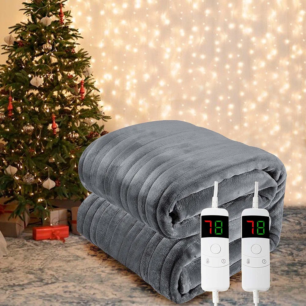DAICO Electric Blanket King Size Flannel Heated Blanket with Double 10 Heating Setting Controllers Fast Heating Blanket for Bed, 1/2/4/6/8H Selectable Auto Shut Off Settings,100"x90", Grey
