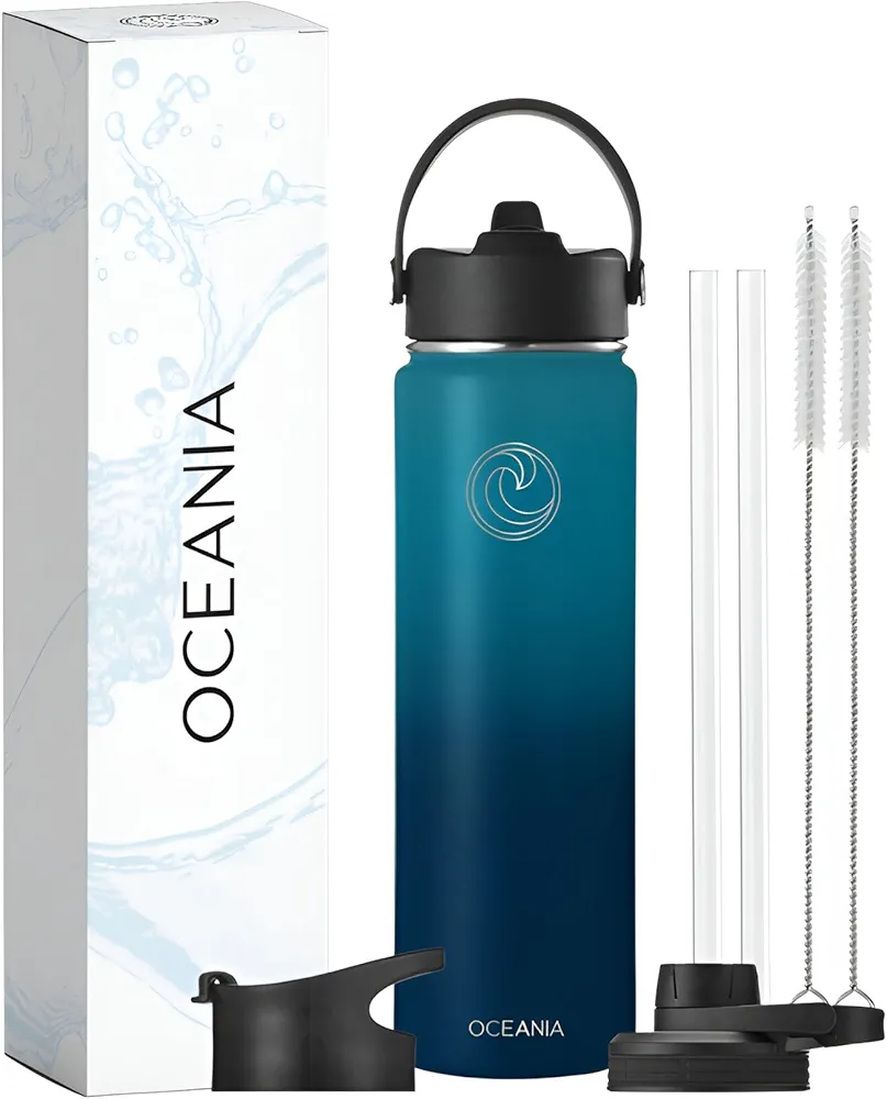 Oceania Flask 22oz Stainless Steel Water Bottles | Modern, Leakproof, Hydro BPA-Free, Insulated Water Bottle with 3 Lids, 3 Straws & 2 Straw Cleaning Brushes | Simple Camping & Hiking Water Bottle