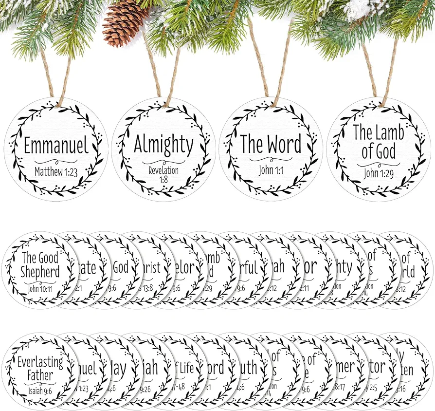 Bucherry 24 Pcs Names of Jesus Christ Christmas Ornament 3.5 in Nativity Round Wooden Hanging Ornaments with Different Names of The Savior Xmas Tree Ornaments for Home Decor(White)