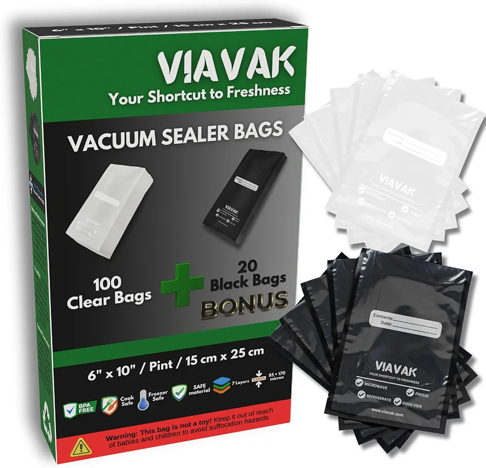 VIAVAK (6x10 Inch) Vacuum Sealer Bags for Food | 100 Clear + 20 Bonus Black | 7-Layer Commercial Grade, BPA-Free, Writable Surface for Content & Date, Heavy Duty for Food Storage & Sous Vide