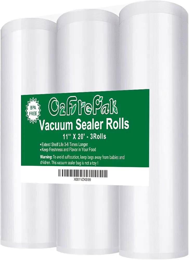 O2frepak 3 Pack 11"x20' Rolls Vacuum Sealer Bags Rolls with BPA Free,Heavy Duty Vacuum Sealer Storage Bags Rolls,Cut to Size Roll,Great for Sous Vide (Total 60 feet)