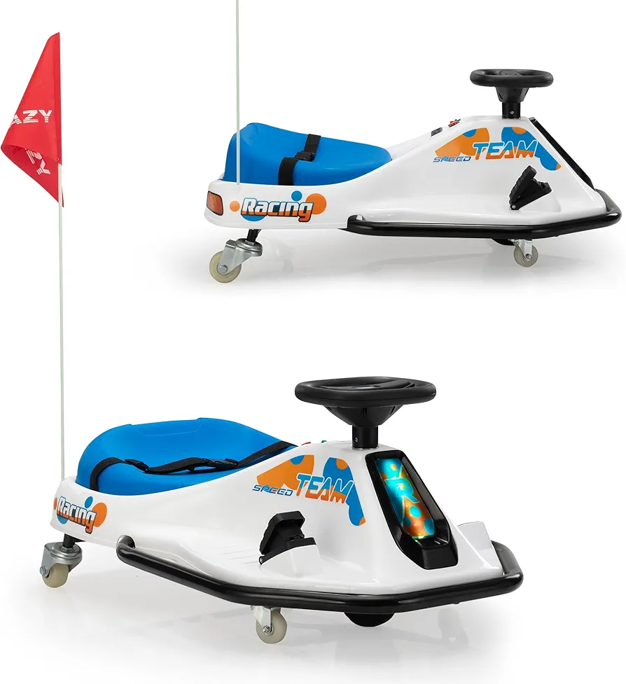 TOBBI 24V Electric Go Kart for Kids, Ride On Drif Go Carts for Kids age 6-12 Years with Bluetooth, Battery Brushless Ride On Toy Car, Power 4 Wheel with USB, LED Lights, MP3, Victory Flag (BLUE-WHITE)