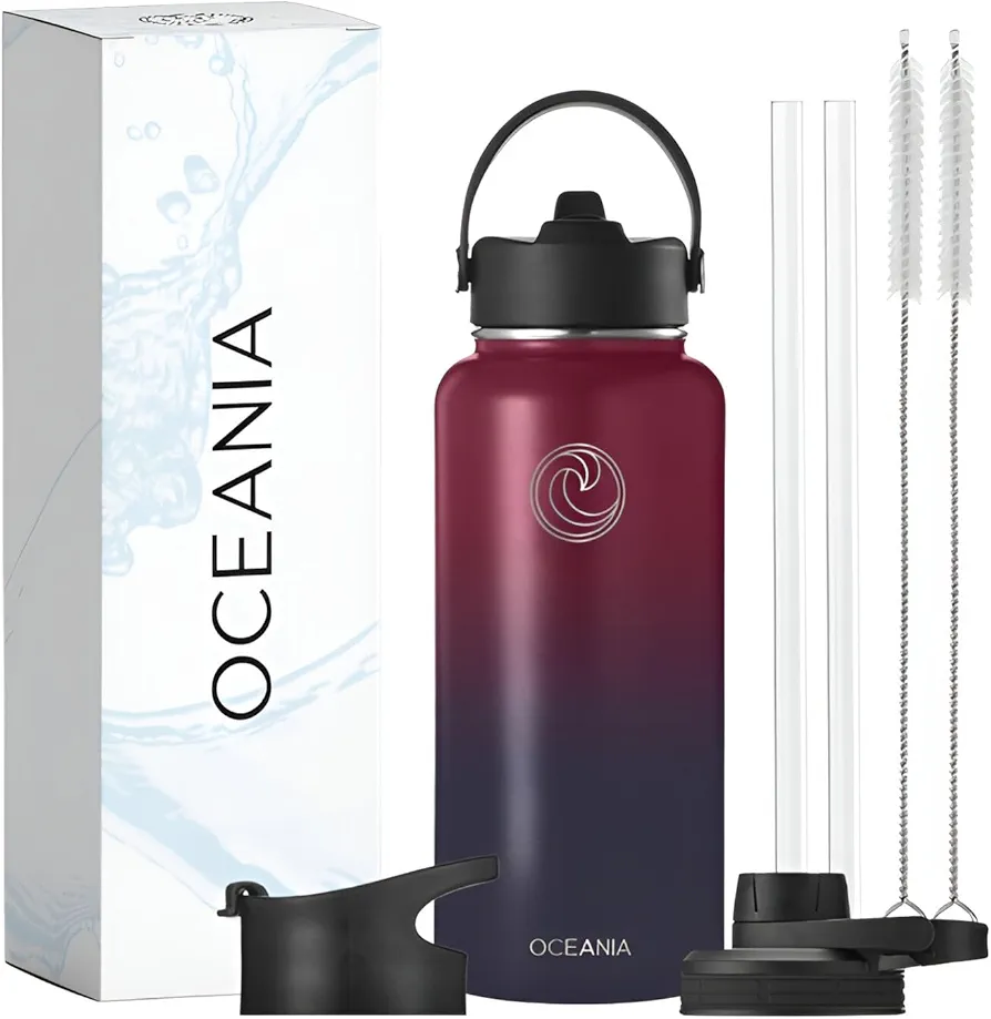 Oceania Flask 32oz Stainless Steel Water Bottles | Modern, Leakproof, Hydro BPA-Free, Insulated Water Bottle with 3 Lids, 3 Straws & 2 Straw Cleaning Brushes | Simple Camping & Hiking Water Bottles