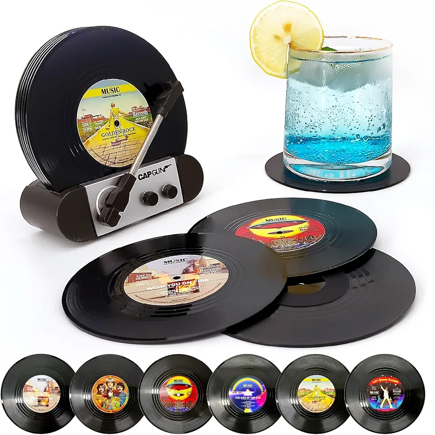 Funny Retro Vinyl Record Coasters, Creative Drink Coasters Set of 6 with Vinyl Record Player Holder for Music Lovers, Housewarming Hostess Gifts, Birthday and White Elephant Gifts Ideas