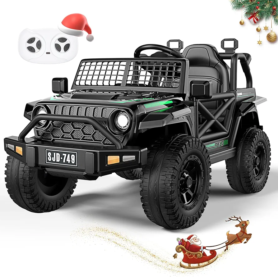 12V Kids Toddler Ride On Truck Electric Car - 7Ah Large Battery Kids Powerful Ride On Jeep with Remote Control, 2 Speeds, LED Lights, Horn, Music for Kids Toddlers Black