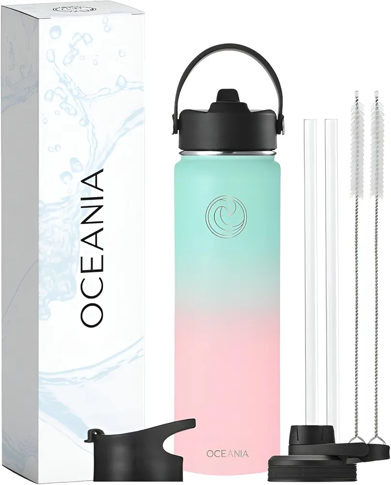 Wide Mouth 22oz Candy Floss | Oceania Flask 22oz Stainless Steel Sports Water Bottle | Leakproof, BPA-Free, Insulated with 3 Lids, 3 Straws & 2 Straw Cleaning Brushes | Full Hydration Pack