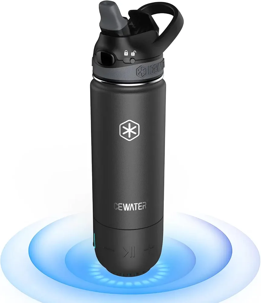 ICEWATER 3-in-1 Smart Water Bottle, Gift for Women & Men, Glows to Remind You to Keep Hydrated, Play Music & Dancing Lights, Vacuum Insulated, Stainless Steel, 18 oz (Black)
