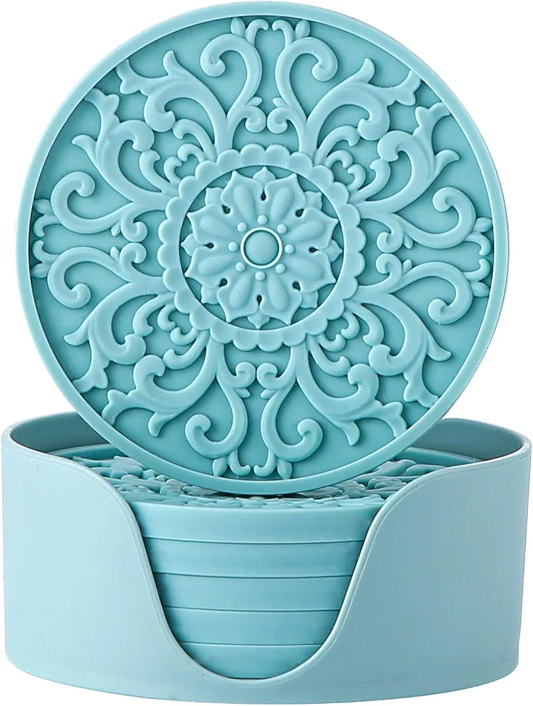 Colinda Silicone Coasters for Drink, 6 Pack Coasters with Holder, Cup Mat Set for Hot and Cold Drink and for Table Top Protection, Bar Coasters,3 Different Patterns for Home Office Decor,Turquoise