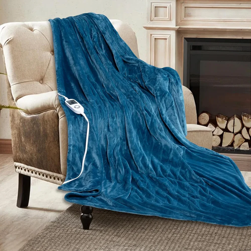 DAILYLIFE Heated Blanket Electric Throw, 12 Hours Timer and 72" x 84" Full Size Flannel Heating Blanket with 10 Heat Settings, Machine Washable, (Blue, 72" x 84", Flannel)