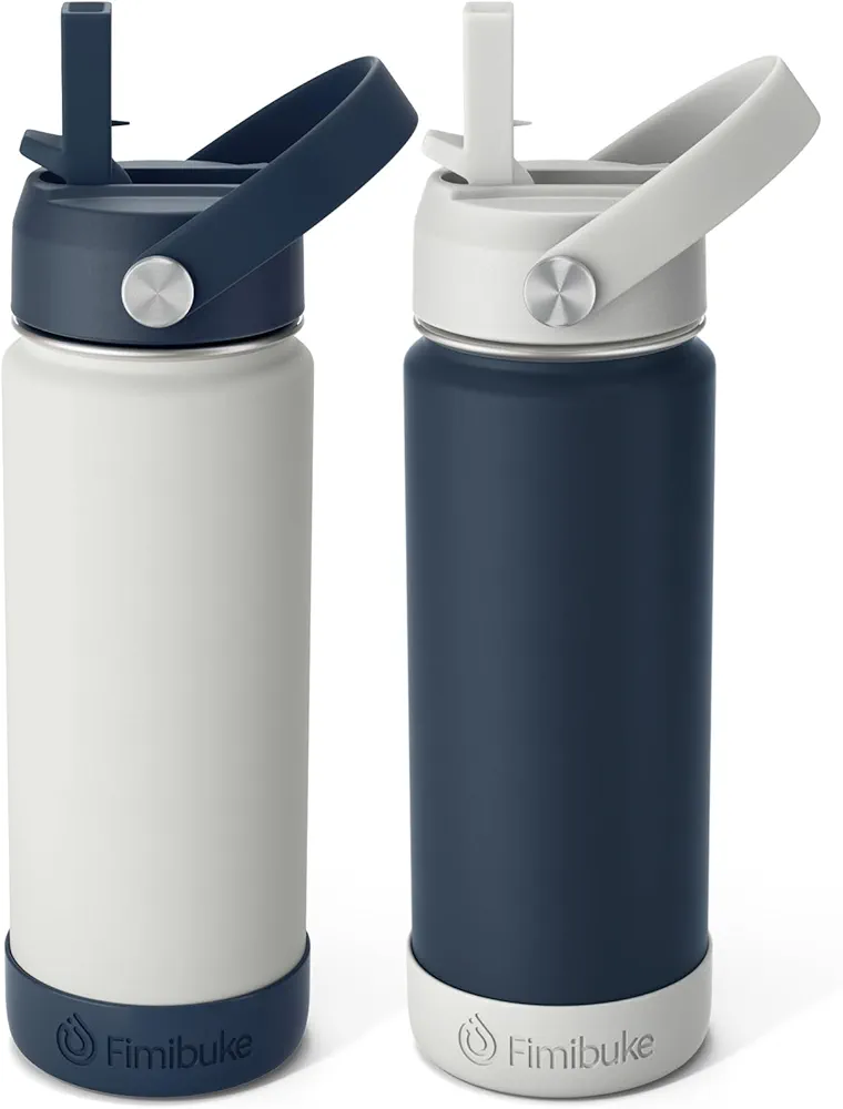 Fimibuke Kids Insulated Water Bottle - 18oz BPA-FREE Kids Cups with Straw Double Wall Vacuum Tumbler 18/8 Stainless Steel Leak Proof Toddler Water Bottle for School Boys Girls (2 Pack, Coastal)