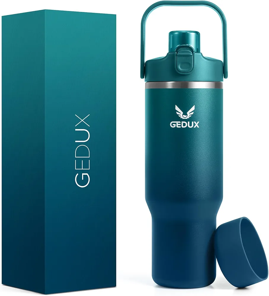 32 oz Stainless Steel Tumbler with Handle and Straw, Vacuum Insulated Water Bottle with 2-in-1 Lid (Chug Lid/Straw Lid) and Silicone Boot