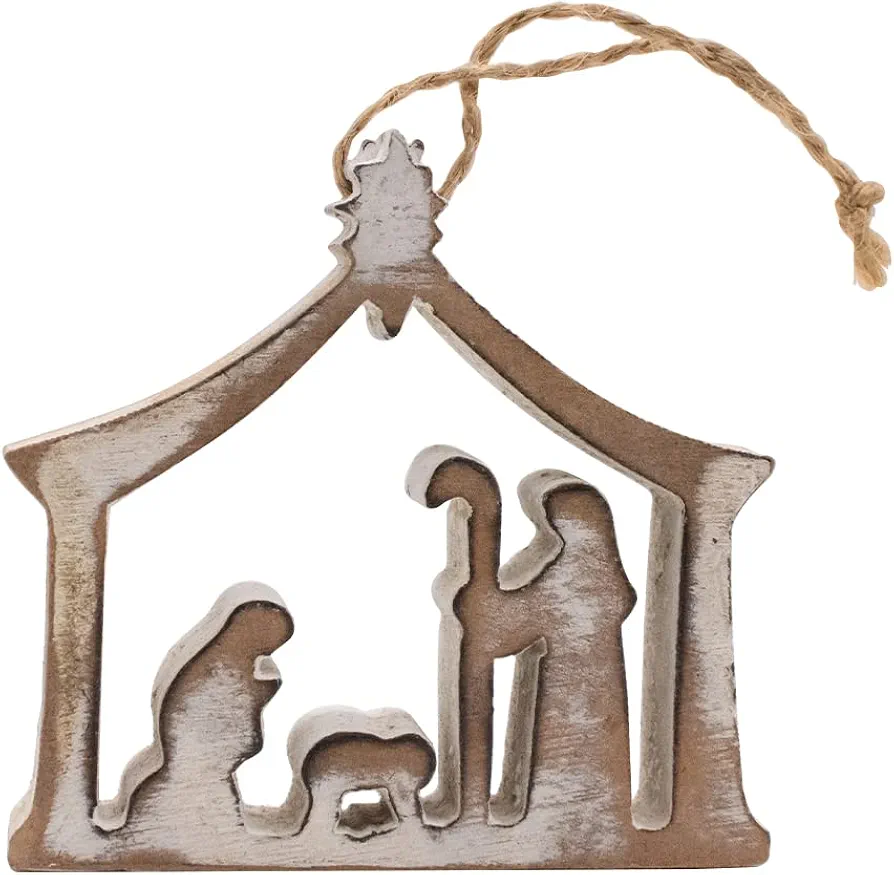 Whitewashed Wooden Nativity Silhouette | Tree Ornament or Table Top Scene | Holy Family Religious Christmas Keepsake | Rustic Farmhouse Holiday Home Decoration (Ornament on Twine)