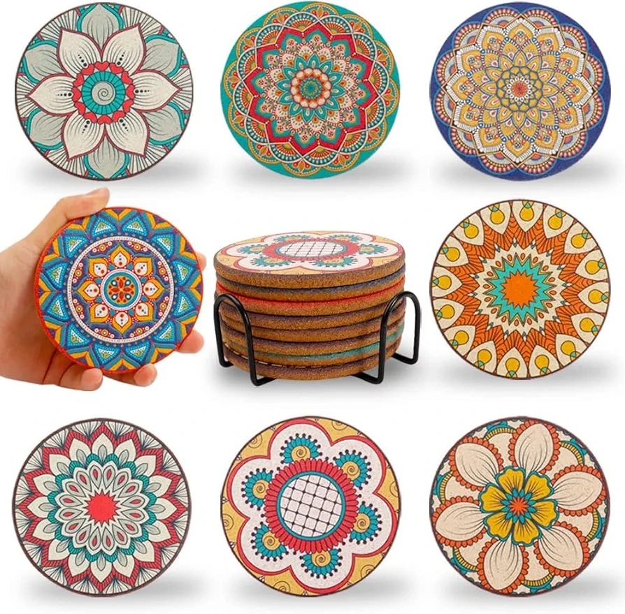 Coasters Set of 8,Cork Coasters for Drinks,Colorful Drink Coasters with Holder,Cute Coasters for Coffee Table,Boho Coasters for Apartment Home Decor,Boho Gifts for Women