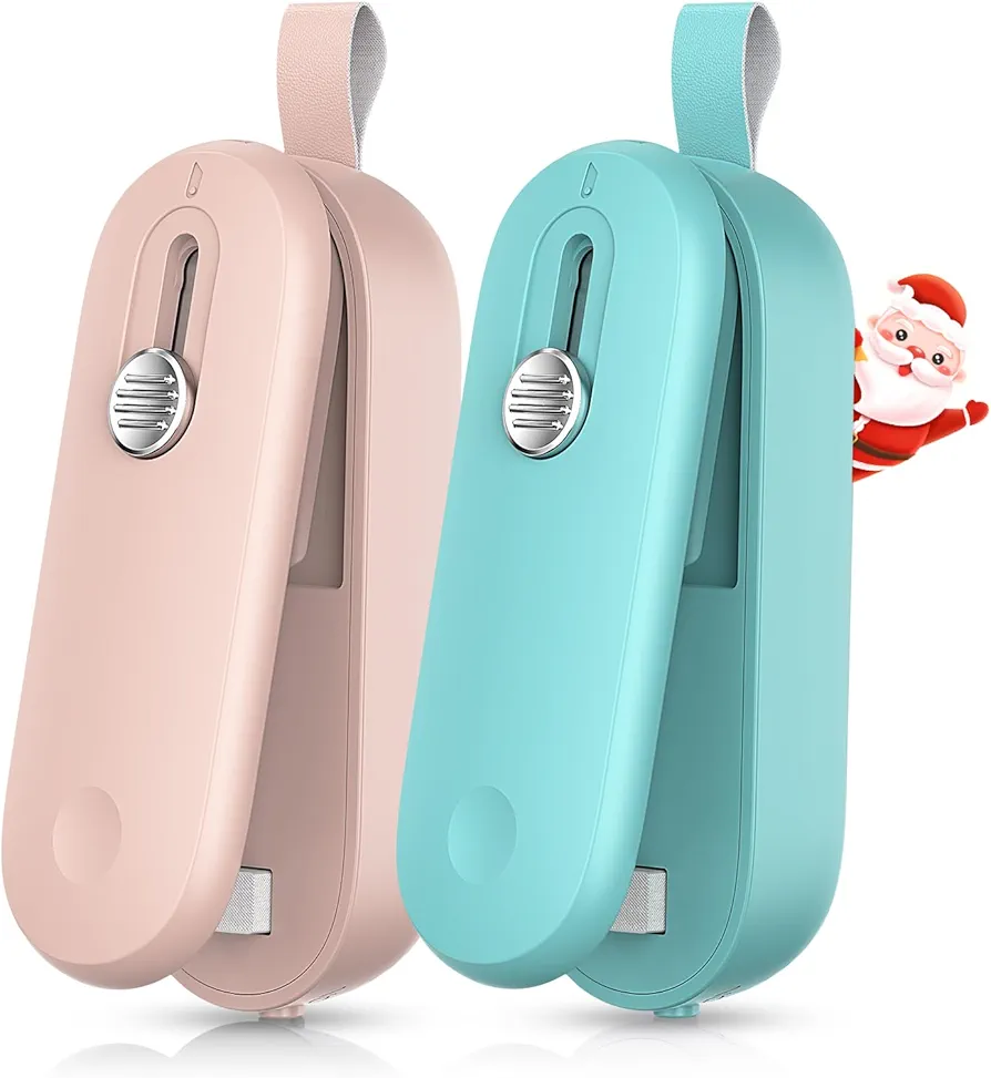FEPPO 2 Pack Bag Sealer, Mini Bag Sealer 2 in 1 Handheld Chip Bag Sealer Heat Seal and Cutter with Lanyard, Portable Resealer for Snacks Plastic Bag Food Storage, Pink/Green (Batteries Included)