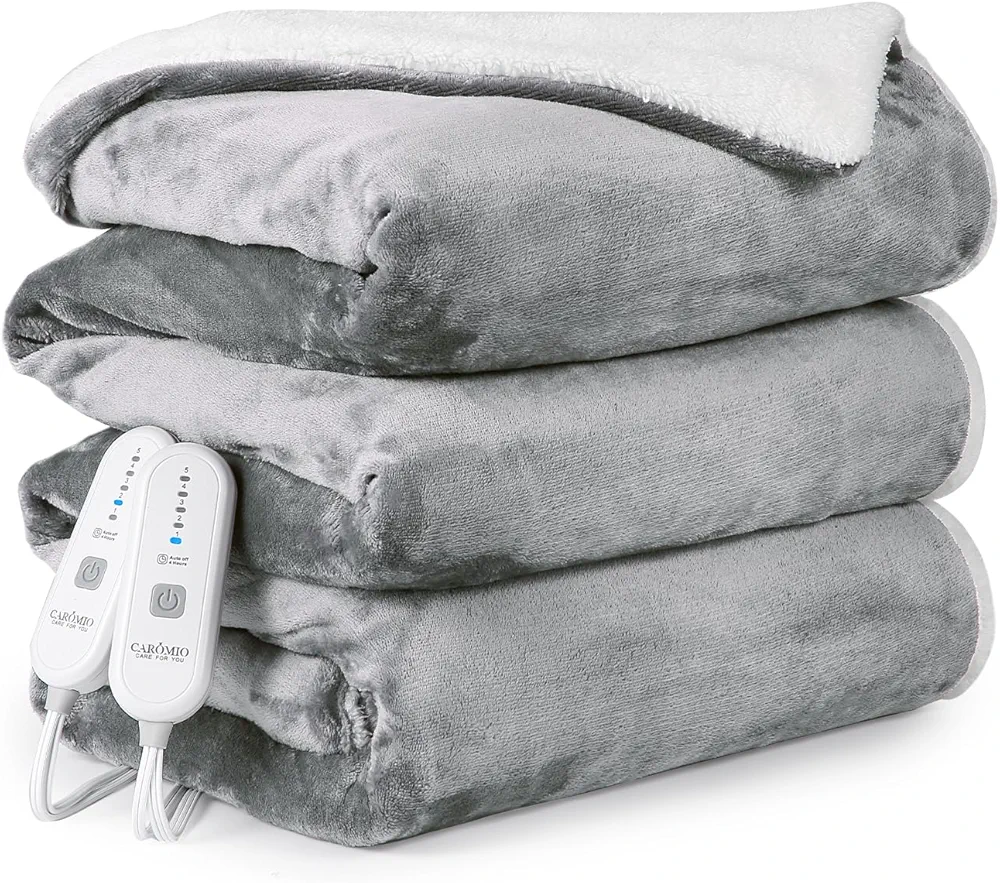 CAROMIO Electric Blanket Queen Size 84" x 90", Large Thick Sherpa Heated Blanket Queen with Dual Control 5 Heating Levels & 10 Hours Auto Off, Machine Washable Fast Heating Blanket Queen Size, Grey