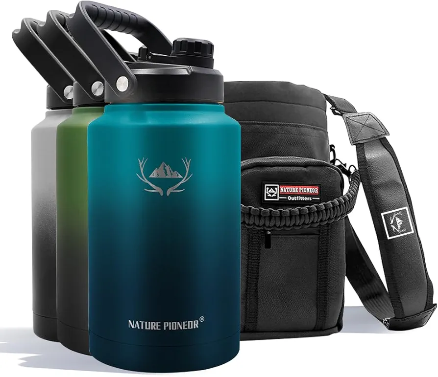 NATURE PIONEOR Insulated Water Bottles with Strap - 128 oz Stainless Steel Vacuum Water Bottle with Holder/Carrier/Sleeve - Reusable 18/8 Food Grade Thermos Water Jug