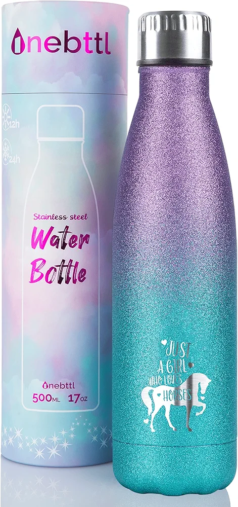 Onebttl Horse Gifts for Girls, Women, Insulated Stainless Steel Water Bottle, Horse Stuff for Equestrian, Horse Lovers, Cowgirls on Birthday, Back to School, Christmas, Violet-Blue Gradient Glitter