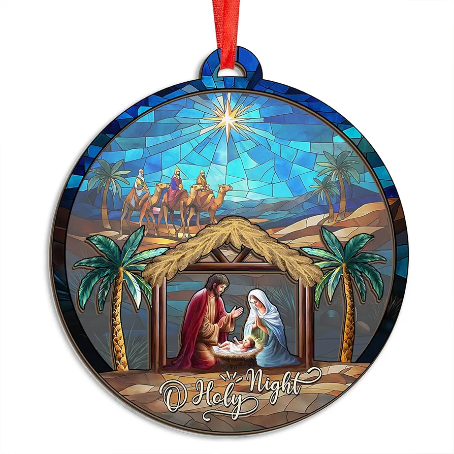 TEEZWONDER Christian Gifts for Women, Men - Christmas Ornaments 2024, Nativity Scene, Catholic Decor, Religious, Spiritual Gifts for Women, Friends - Christmas Decorations Suncatcher Ornaments
