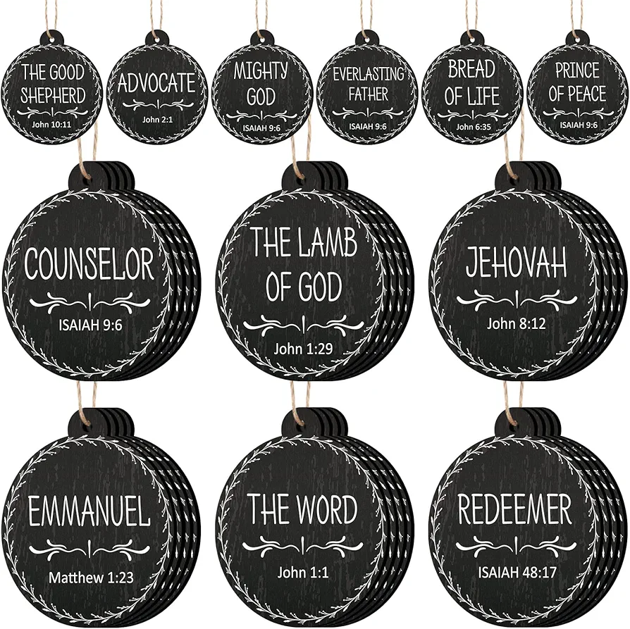 Jetec Names of Jesus Ornaments Christ Christmas Decorations Nativity Set Xmas Round Wood Hanging Ornaments with Savior Names Christmas Tree Hanging Name Tag for Church Home (Black, 48 Pieces)