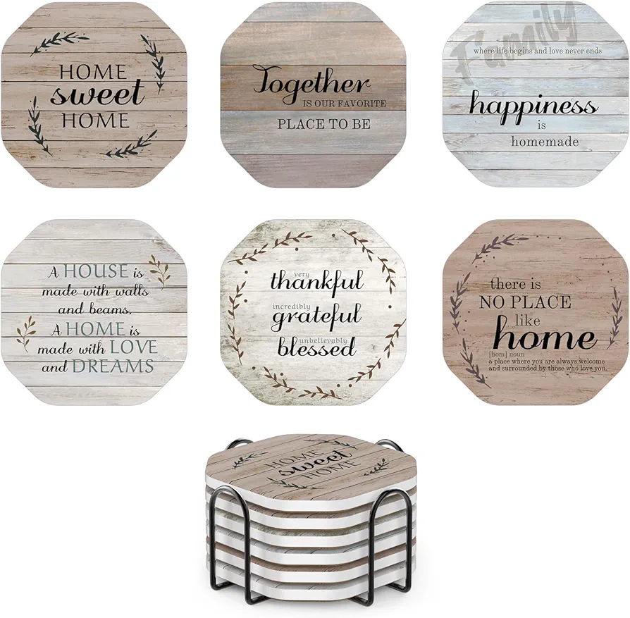 UMIRRO Rustic Farmhouse Coasters for Coffee Table Decor, Ceramic Coaster Set with Holder for Wooden Table, Cute Cup Coasters for Drinks Absorbent, Housewarming Gifts for New House/Home, 4", 6 Pack