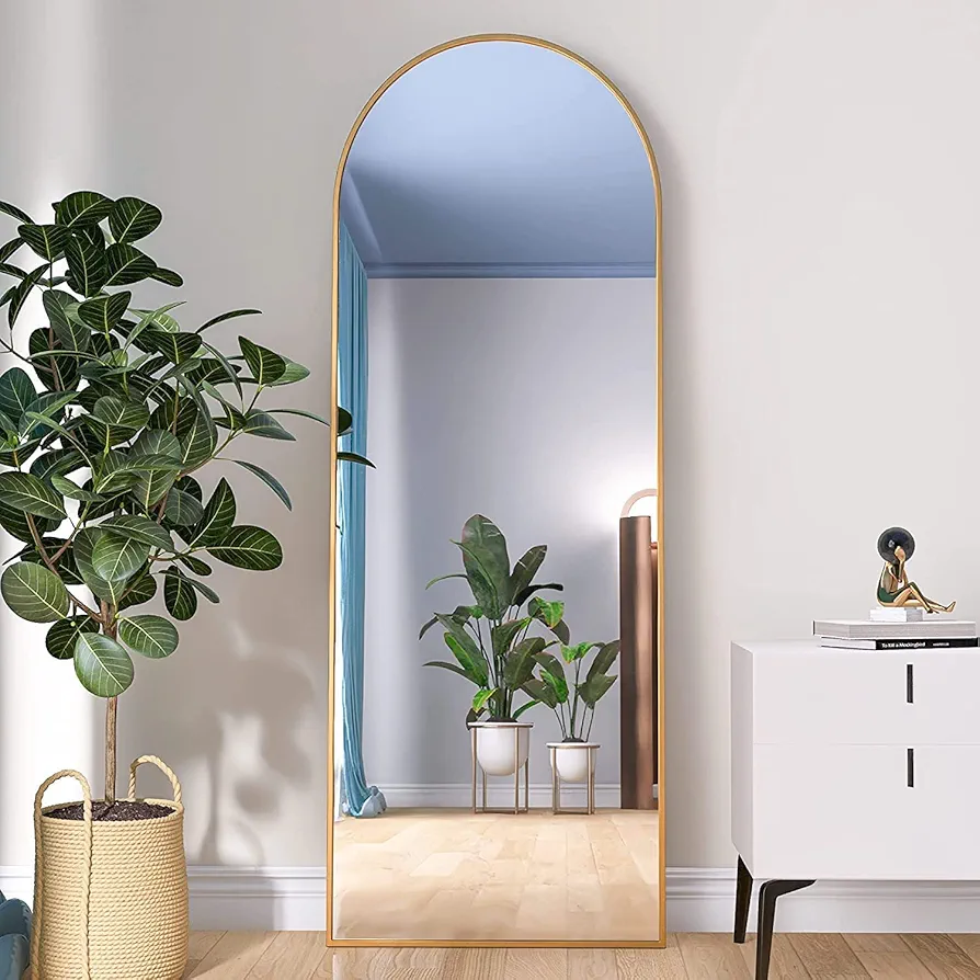 Majnesvon Full Length Mirror, Arched-Top Full Body Mirror with Stand, Full Body Mirror with Stand, Standing or Leaning Against Wall, Large Mirror, Gold Aluminum Alloy Frame, 65" x 22"