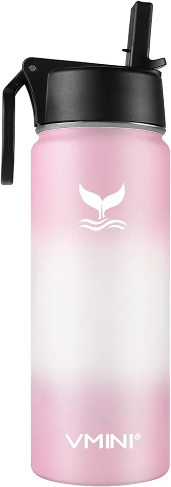 Vmini Water Bottle with Straw, Kids Water Bottle with Wide Rotating Handle Straw Lid, Wide Mouth Vacuum Insulated Stainless Steel Water Bottle, Gradient Pink + White + Pink, 18 oz