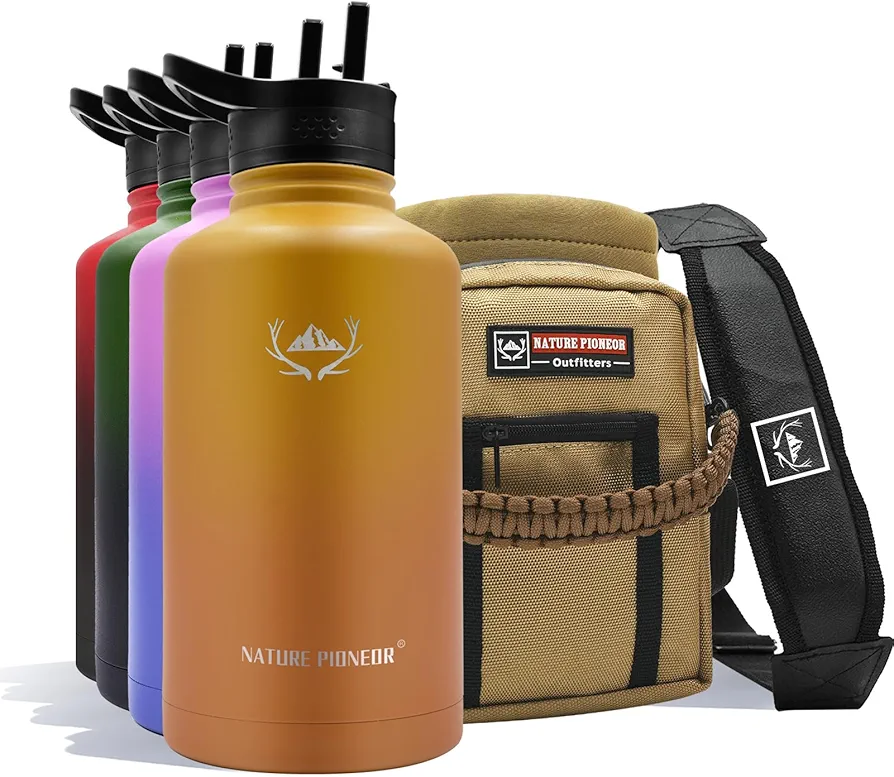 NATURE PIONEOR Insulated Water Bottles with Straw - 64oz Stainless Steel Vacuum Water Bottle with Holder/Carrier/Sleeve - Reusable 18/8 Food Grade Thermos Water Jug