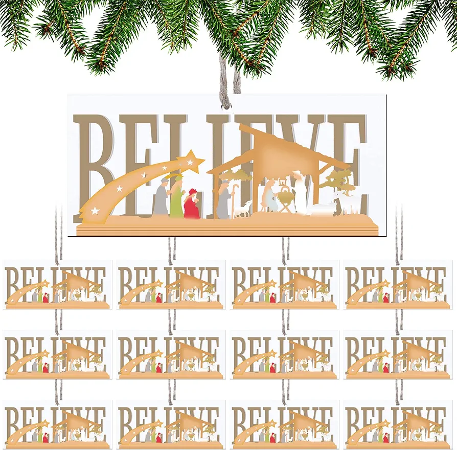 Bucherry 12 Pcs Believe Christmas Nativity Scene Ornament Wooden Nativity Decorations Hanging Jesus Christmas Ornaments Christian Religious Ornaments for Christmas Tree Decorations
