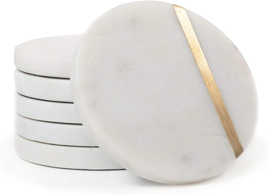 Cork & Mill Marble Coasters Set of 6 - Luxury Aesthetic Modern Drink Coasters for Coffee Table- White Cup Coasters with Gold Brass Inlay - Real Natural Semi Absorbent Stone Coasters