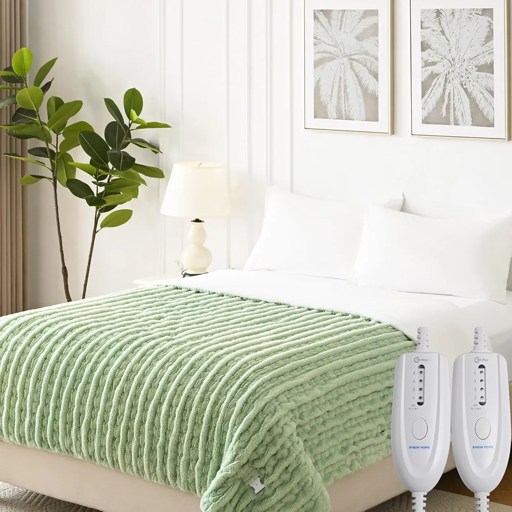 RHEIN HOME Electric Heated Blanket Queen 84"x 90", Soft Plush Faux Fur&Flannel, Fast Heating Dual Control Blanket with 4 Heating Levels & 10H Auto Off, Machine Washable, Overheat Protection(Green)