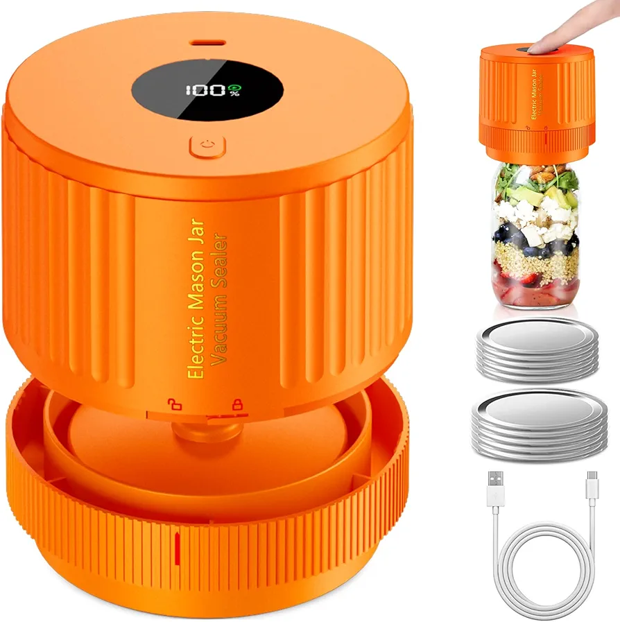 Electric Mason Jar Vacuum Sealer Kit for Wide Mouth and Regular Mouth Mason Jar - Orange
